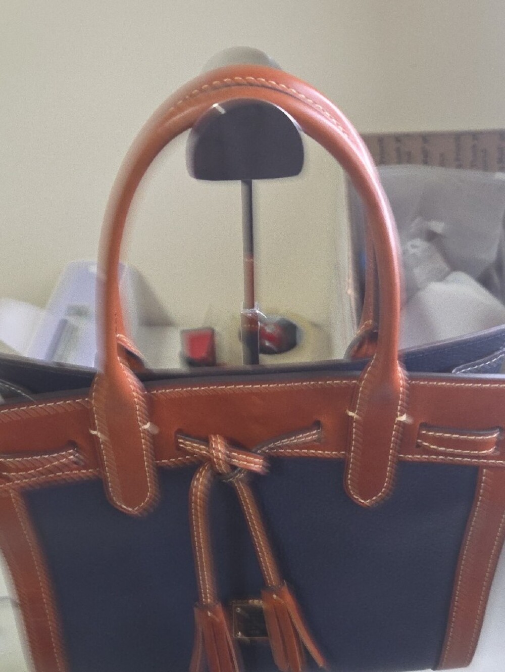 Dooney And Bourke Ariel Navy and Brown Leather Tote Bag - Picture 3 of 11